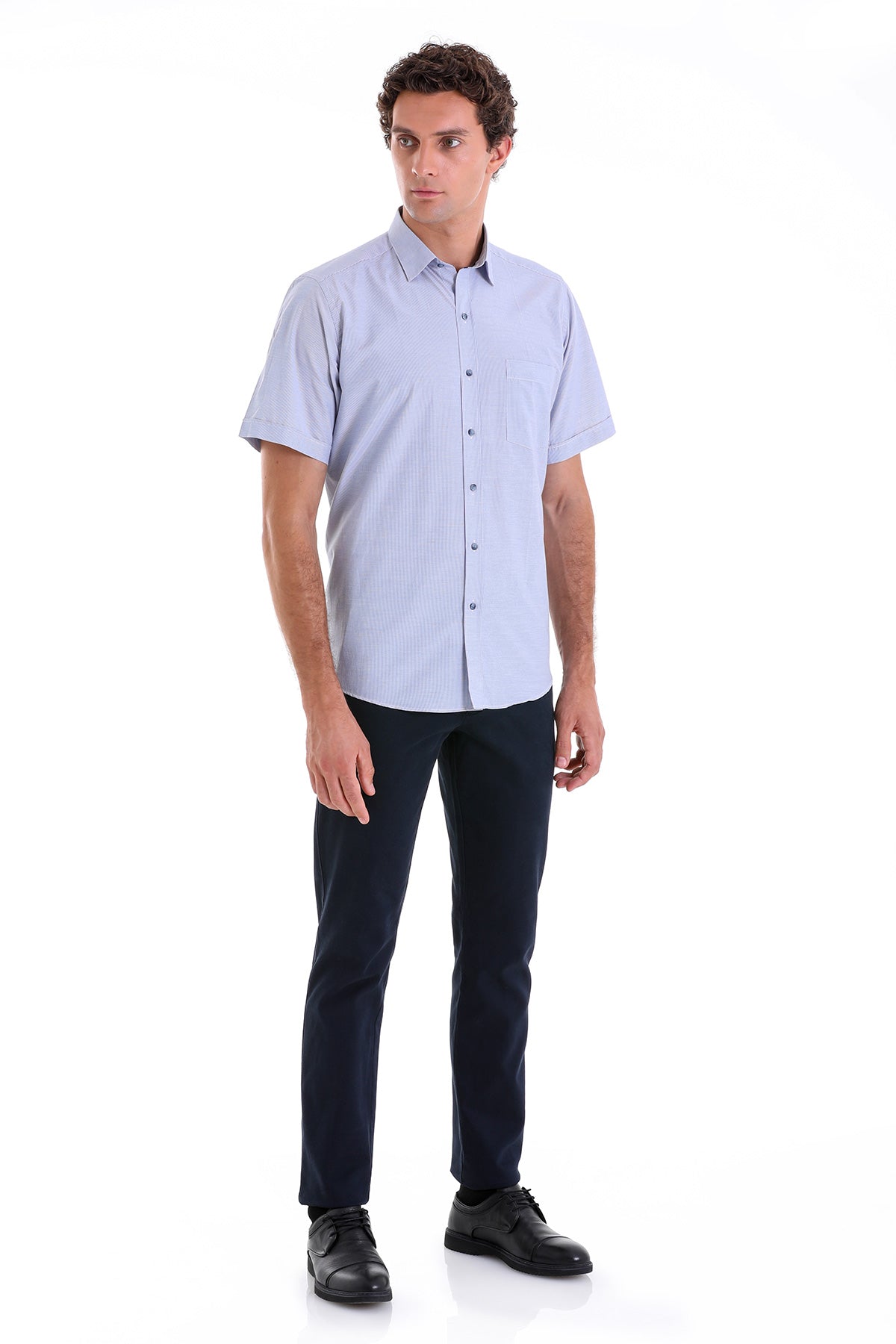 Regular Fit Pin Check Cotton Blend Navy Dress Shirt - SAYKI