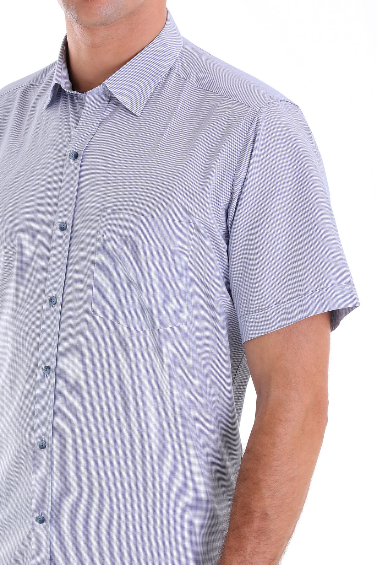 Regular Fit Pin Check Cotton Blend Navy Dress Shirt - SAYKI