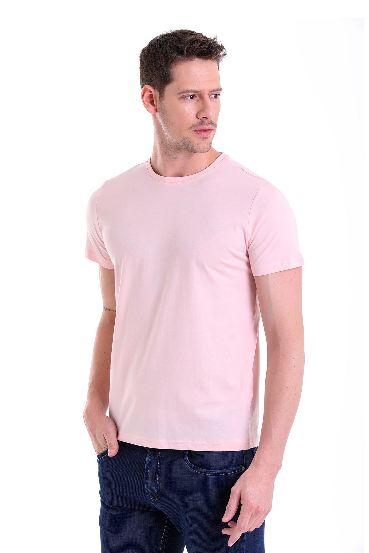 Regular Fit Pink Basic Cotton Crew Neck T-Shirt - SAYKI