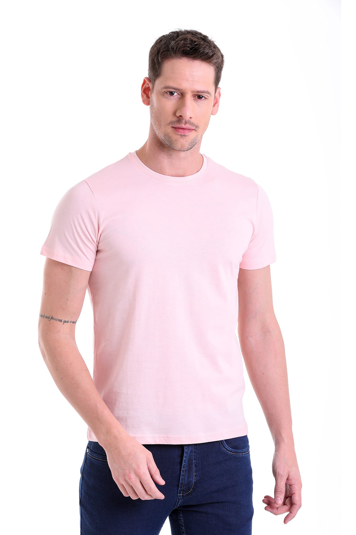 Regular Fit Pink Basic Cotton Crew Neck T-Shirt - SAYKI