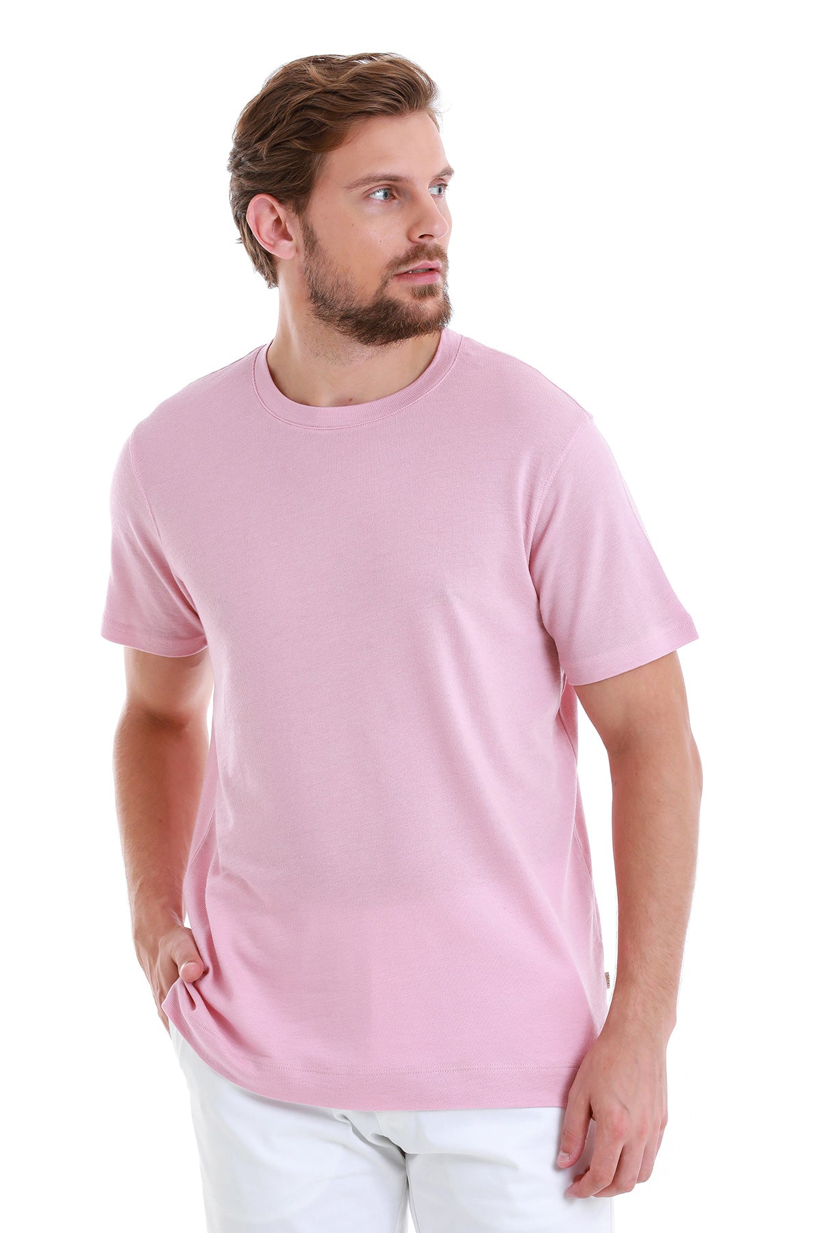Regular Fit Pink Cotton Blend Crew Neck T-Shirt - SAYKI