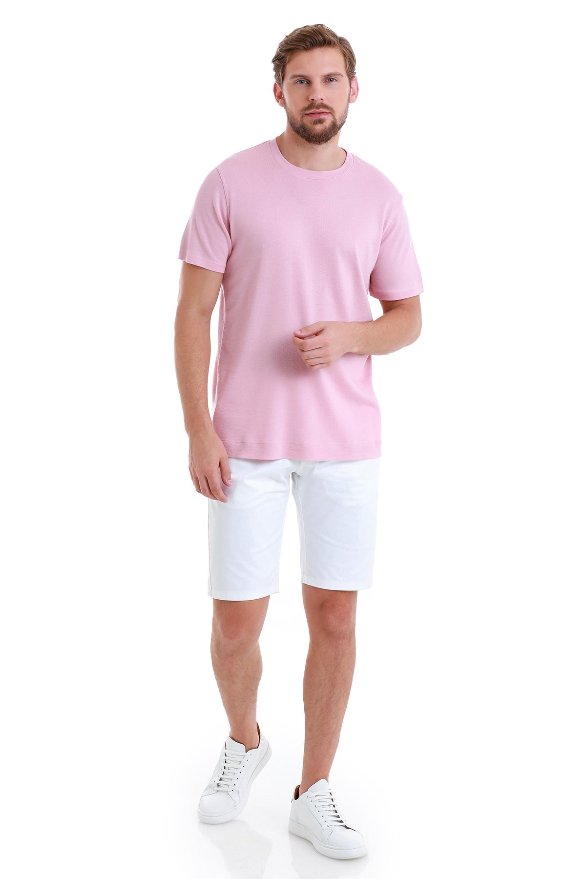 Regular Fit Pink Cotton Blend Crew Neck T-Shirt - SAYKI