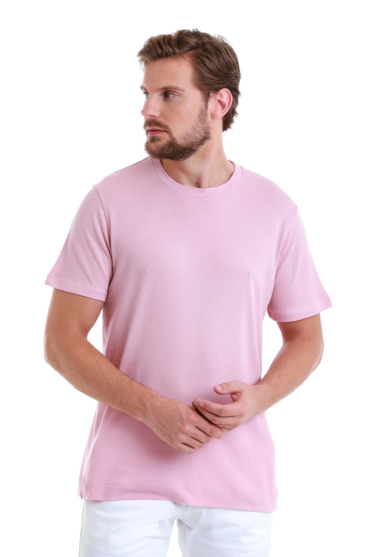 Regular Fit Pink Cotton Blend Crew Neck T-Shirt - SAYKI