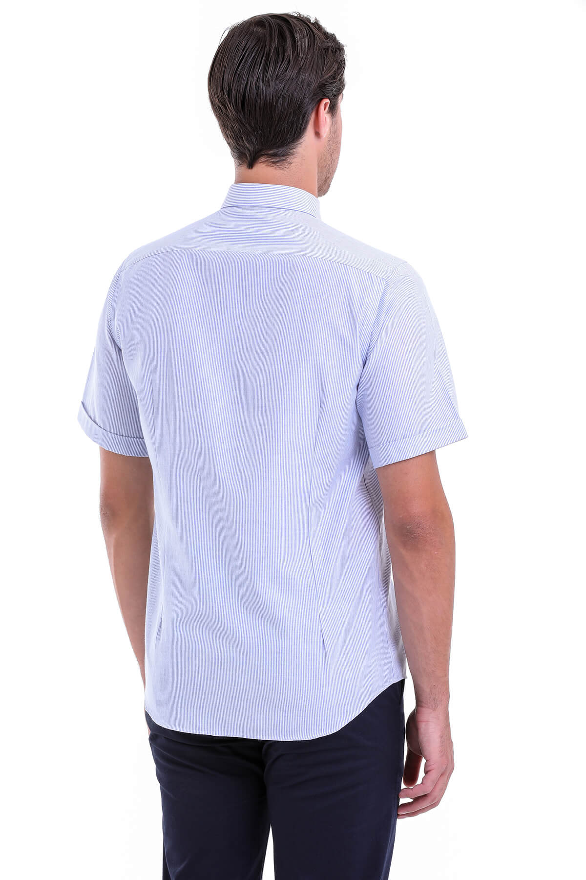 Regular Fit Pinstripe Cotton Blend Blue Dress Shirt - SAYKI