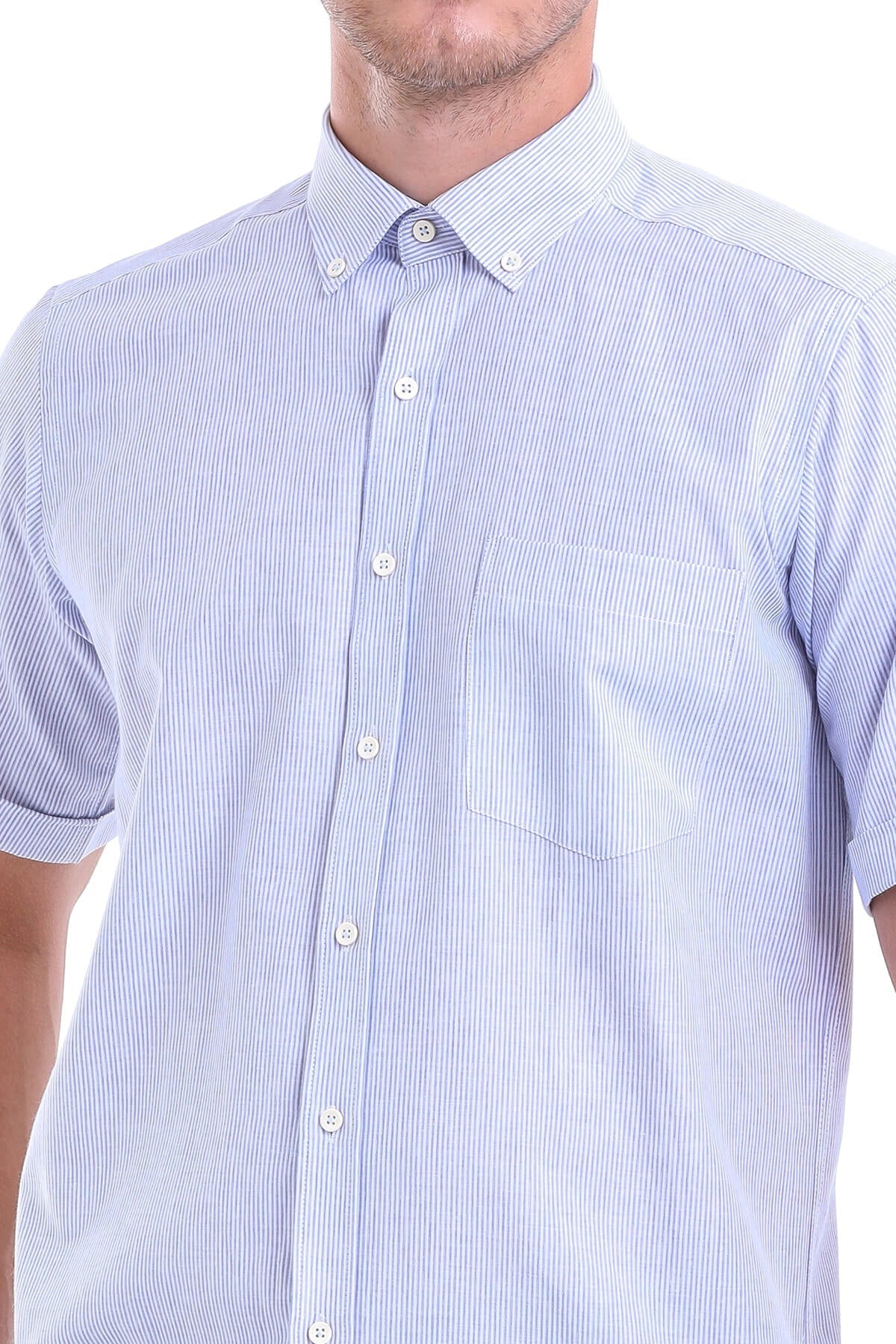 Regular Fit Pinstripe Cotton Blend Blue Dress Shirt - SAYKI