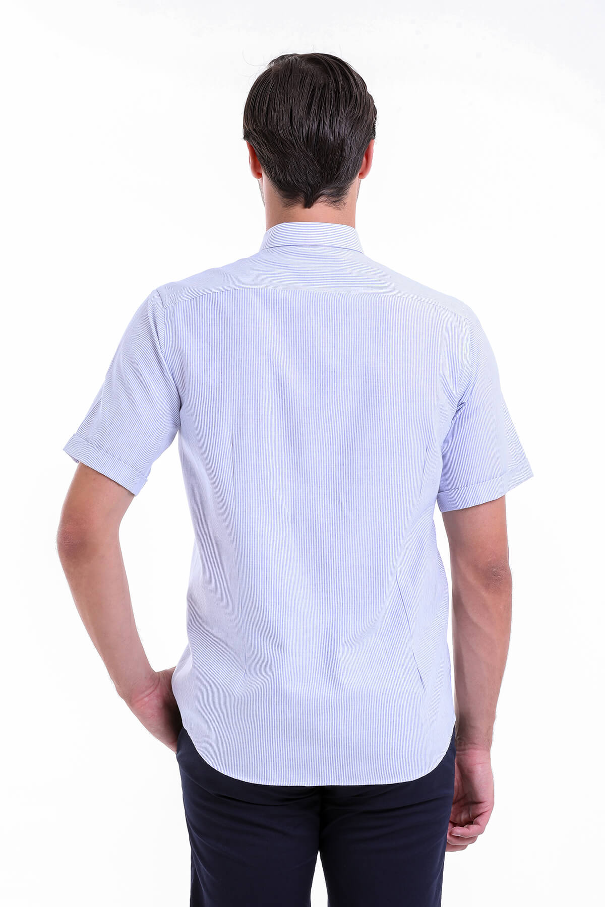 Regular Fit Pinstripe Cotton Blend Blue Dress Shirt - SAYKI