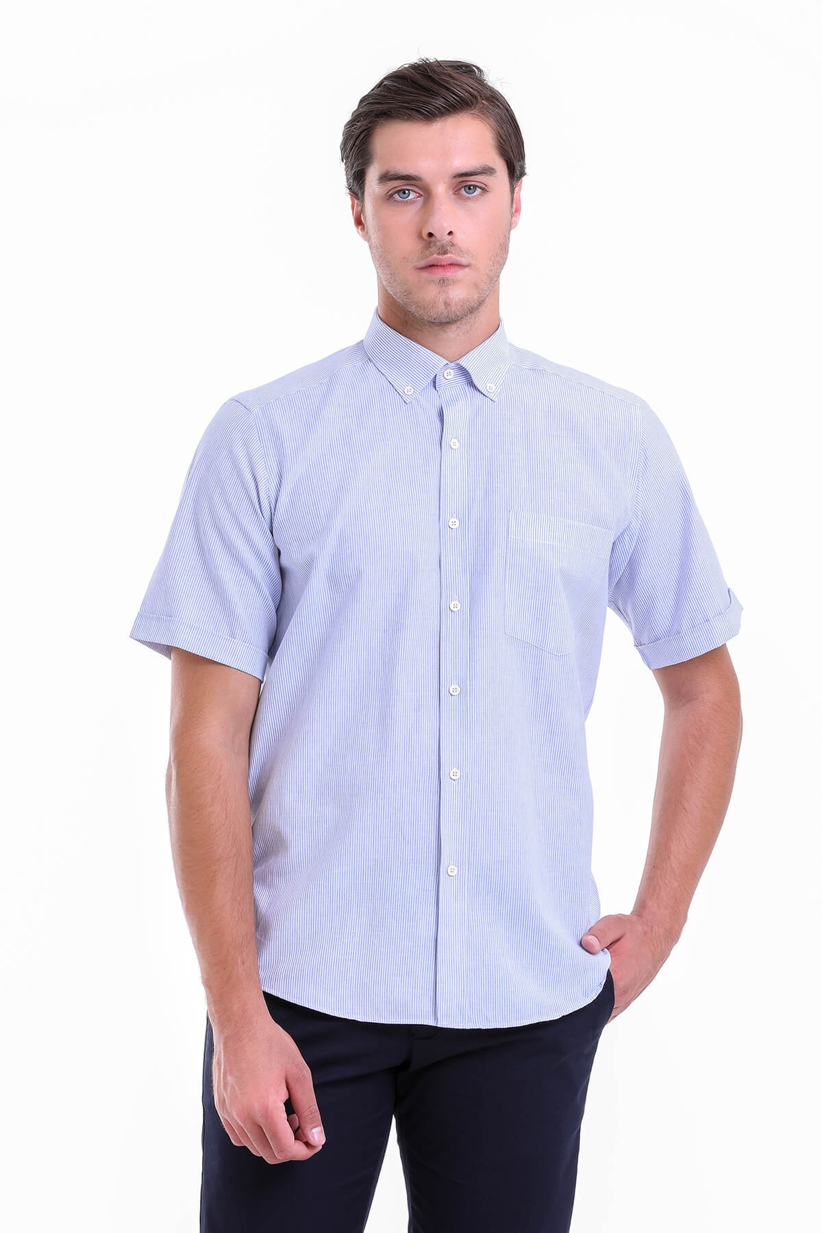Regular Fit Pinstripe Cotton Blend Blue Dress Shirt - SAYKI