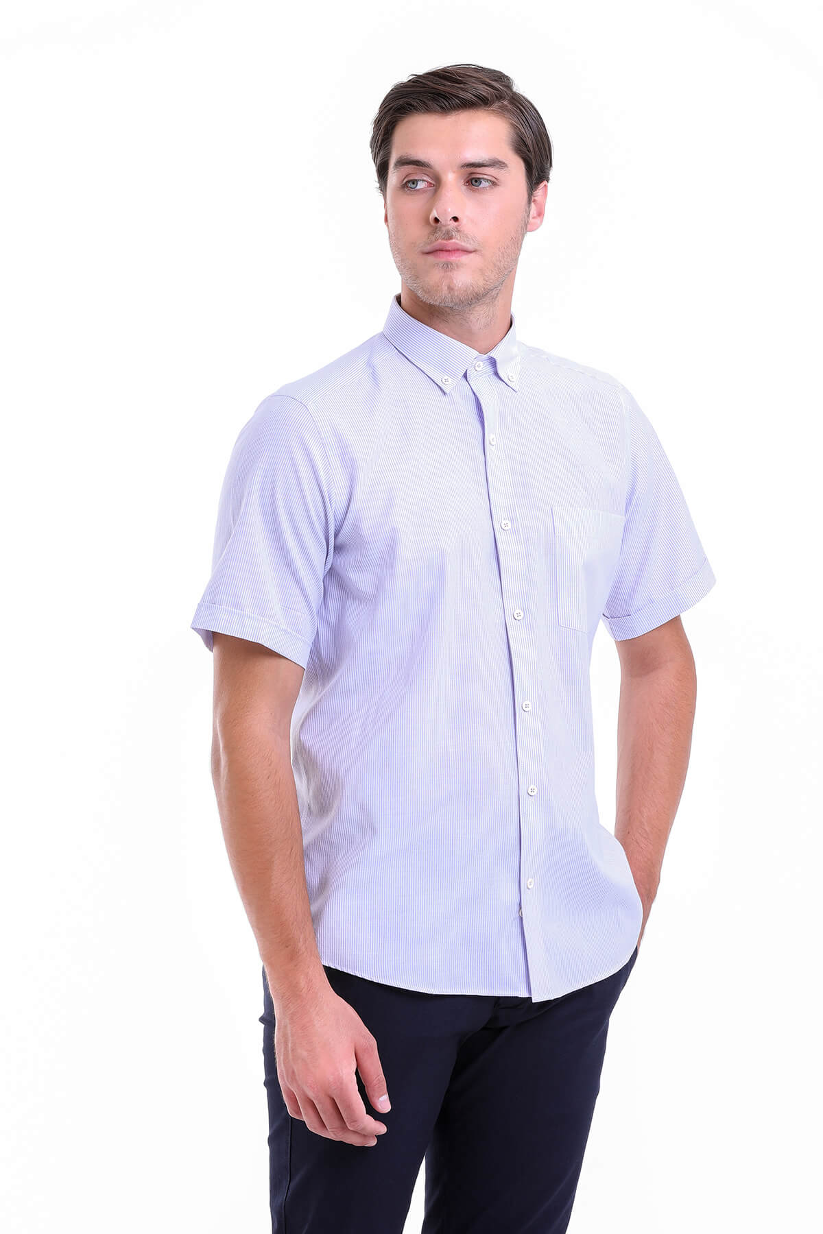 Light blue short-sleeved button-down shirt with subtle vertical stripes.