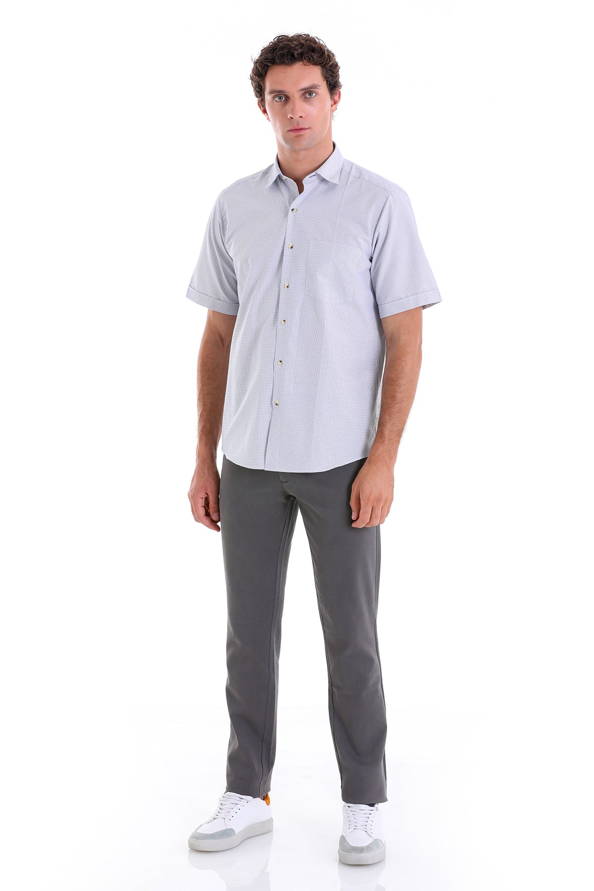 Regular Fit Plaid Cotton Blend Beige Dress Shirt - SAYKI