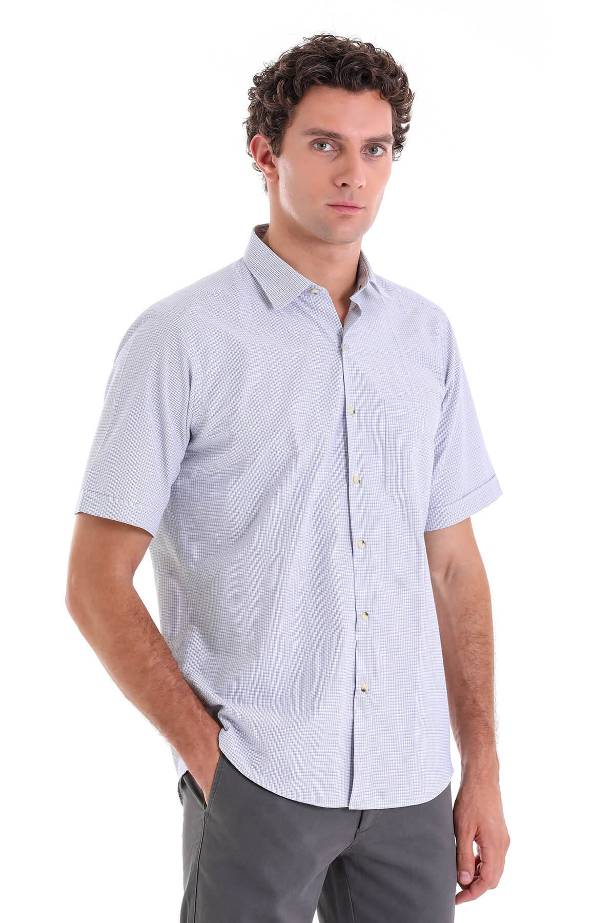 Regular Fit Plaid Cotton Blend Beige Dress Shirt - SAYKI