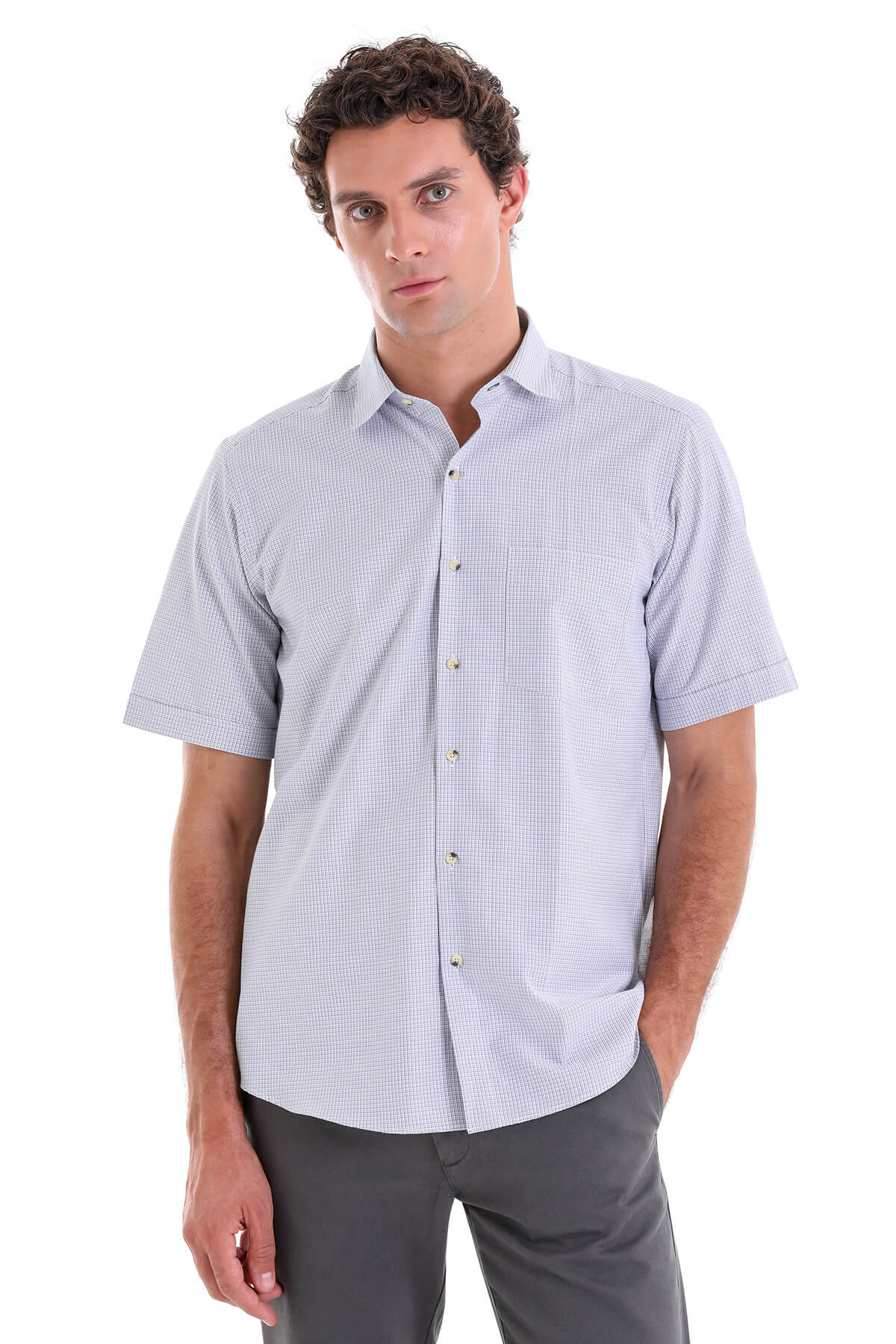 Regular Fit Plaid Cotton Blend Beige Dress Shirt - SAYKI