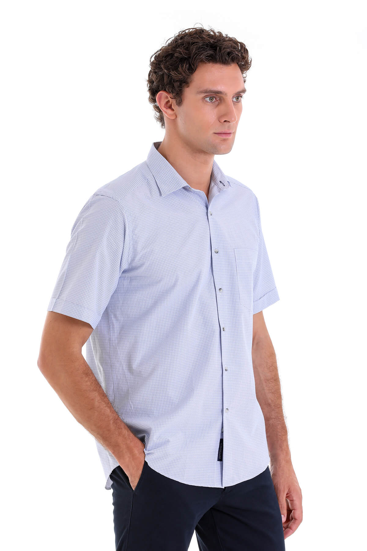 Regular Fit Plaid Cotton Blend Blue Dress Shirt - SAYKI