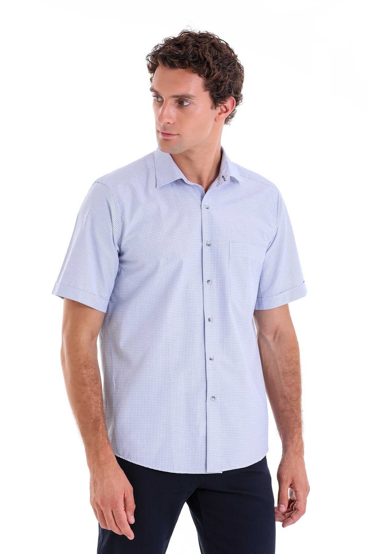 Regular Fit Plaid Cotton Blend Blue Dress Shirt - SAYKI