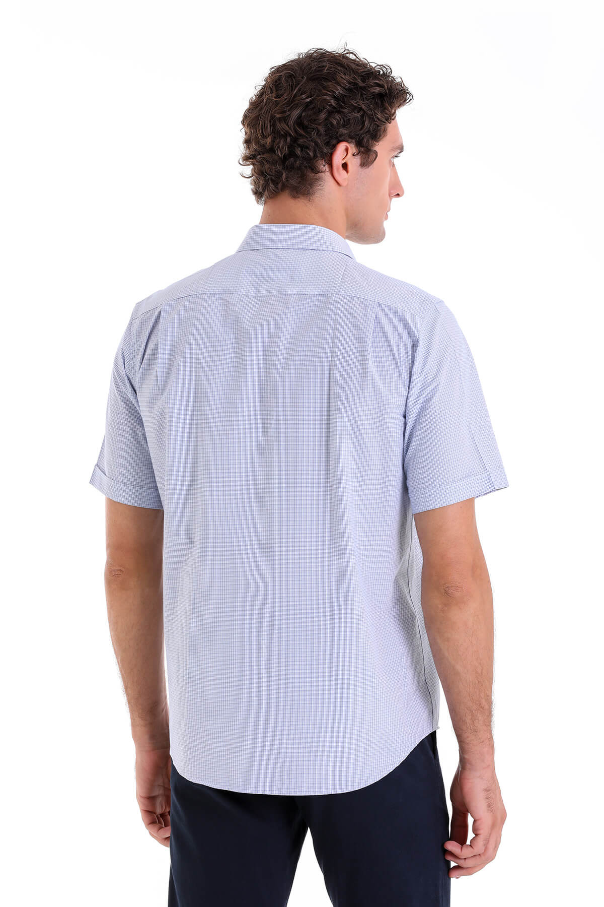 Regular Fit Plaid Cotton Blend Blue Dress Shirt - SAYKI