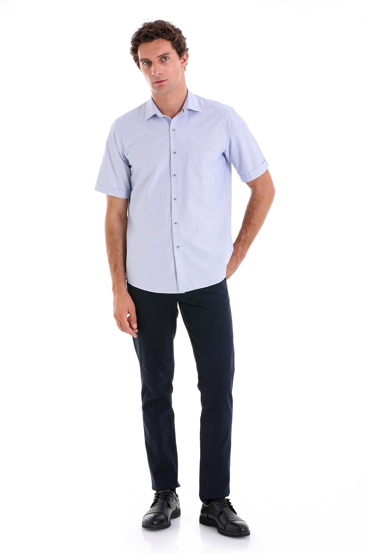 Regular Fit Plaid Cotton Blend Blue Dress Shirt - SAYKI