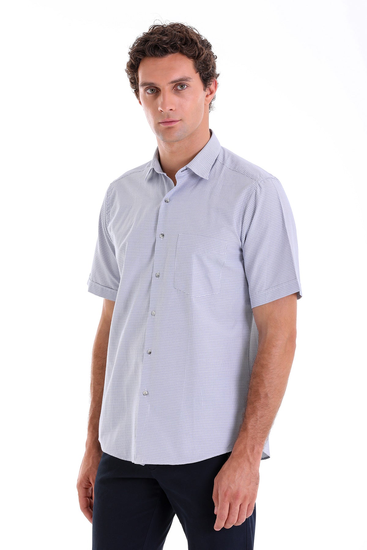 Regular Fit Plaid Cotton Blend Navy Dress Shirt - SAYKI