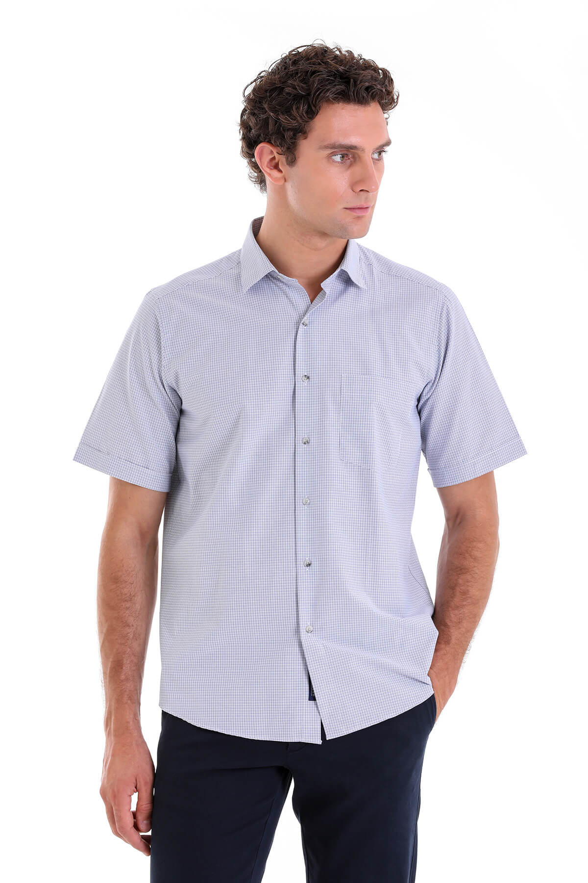 Regular Fit Plaid Cotton Blend Navy Dress Shirt - SAYKI