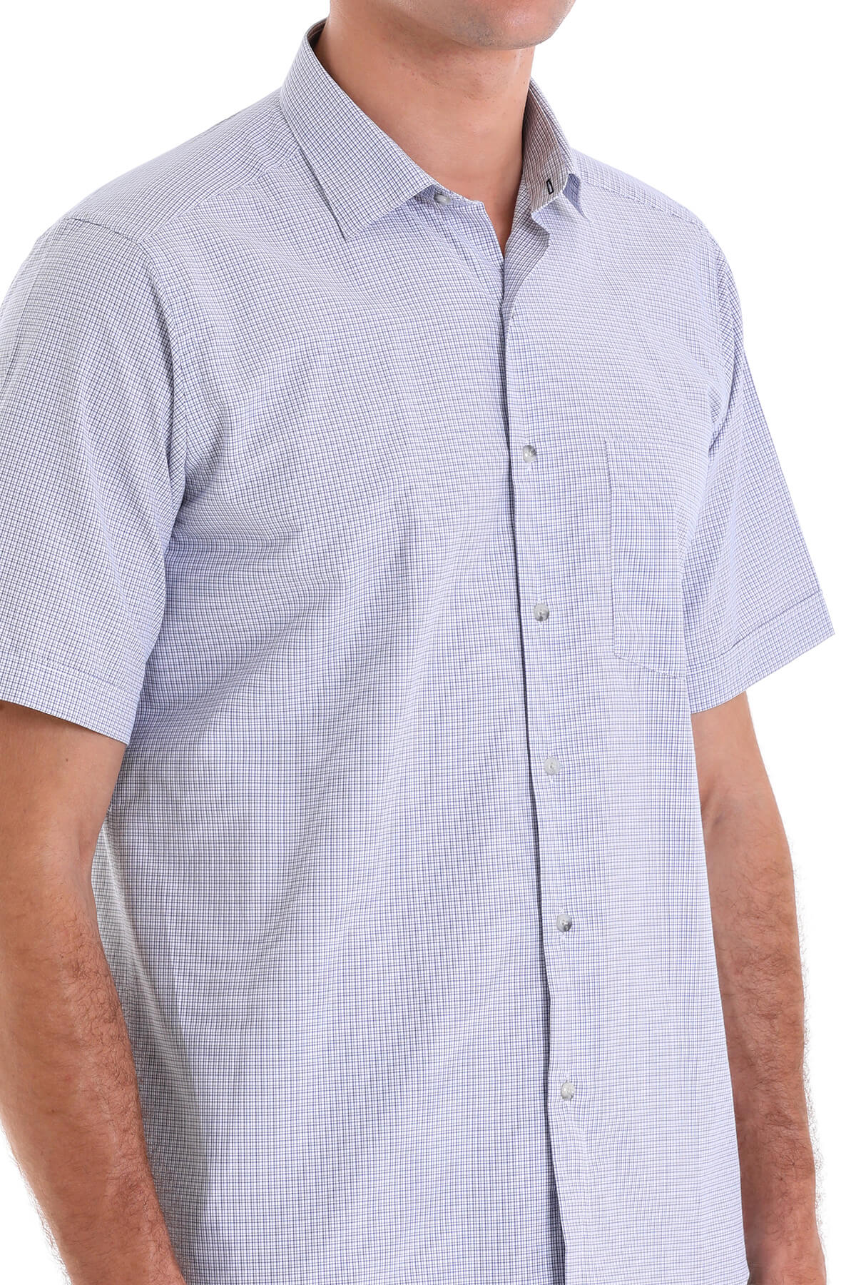 Regular Fit Plaid Cotton Blend Navy Dress Shirt - SAYKI