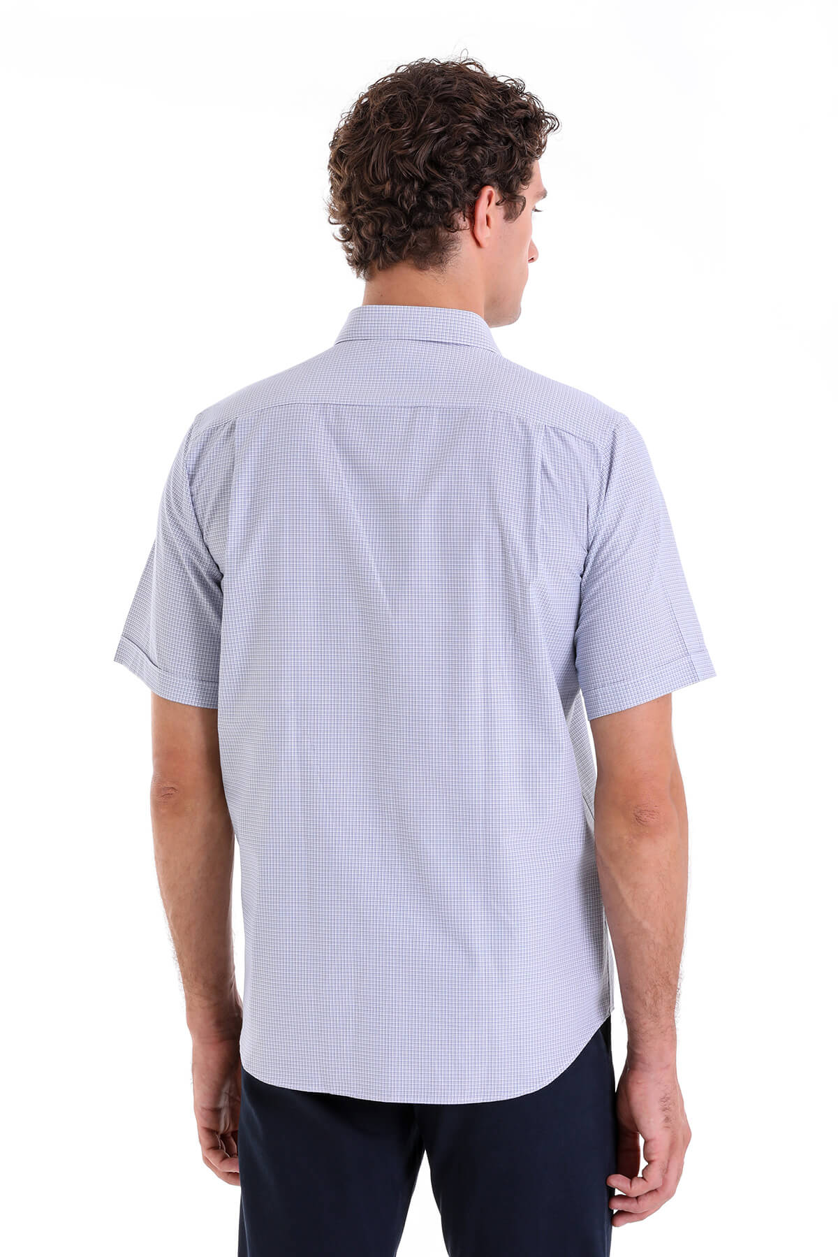 Regular Fit Plaid Cotton Blend Navy Dress Shirt - SAYKI