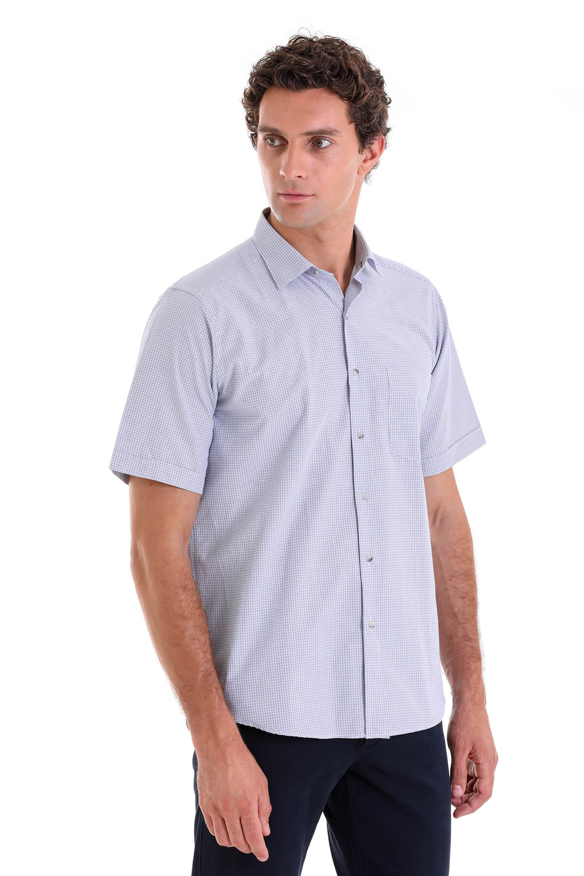 Regular Fit Plaid Cotton Blend Navy Dress Shirt - SAYKI