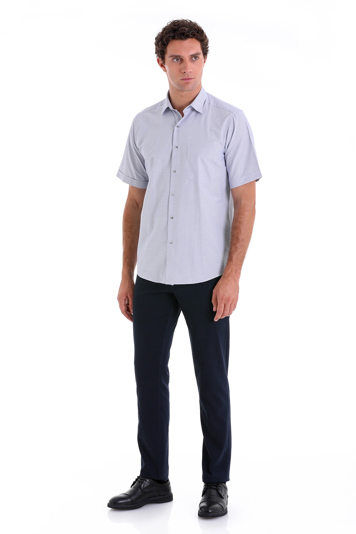 Regular Fit Plaid Cotton Blend Navy Dress Shirt - SAYKI