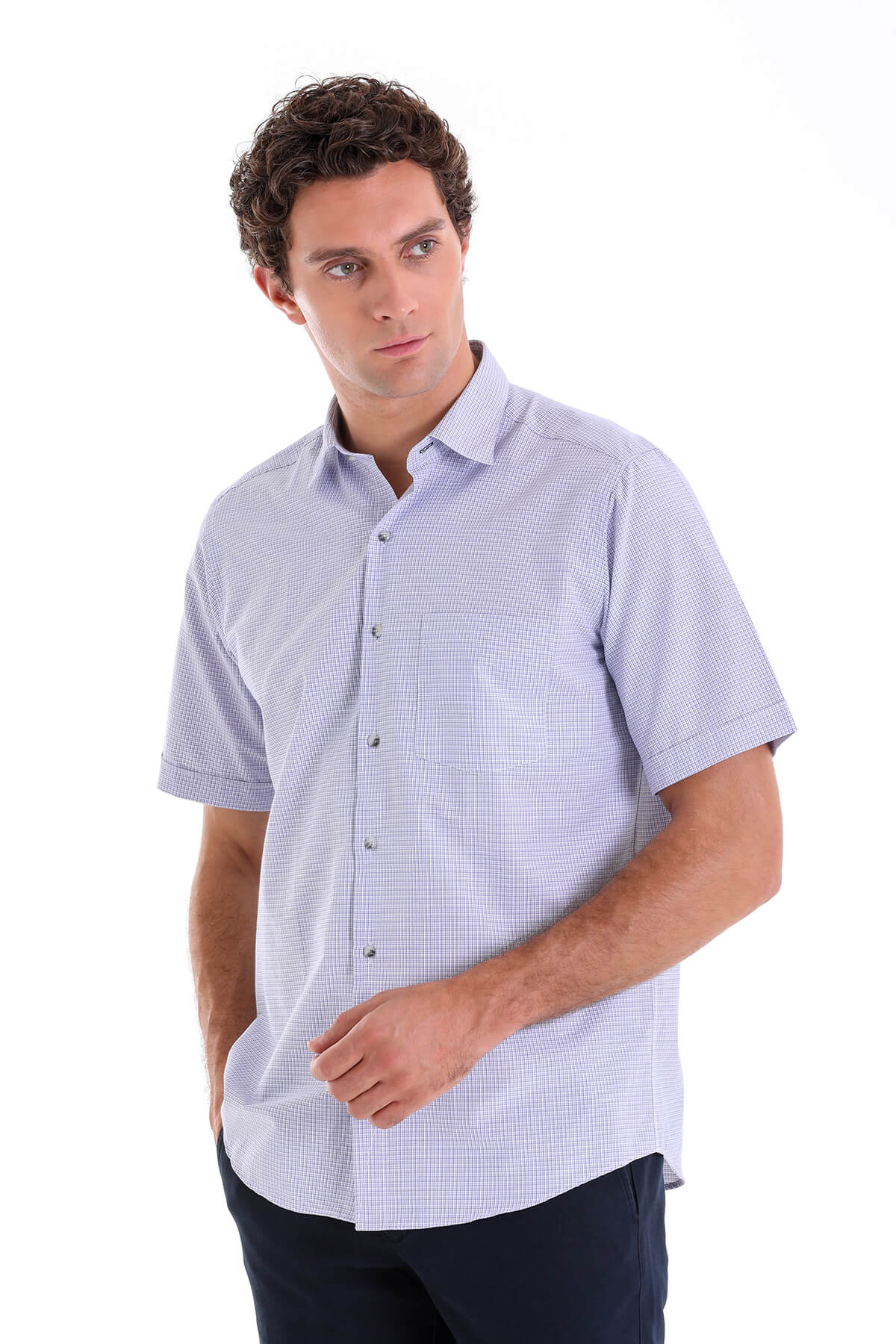 Regular Fit Plaid Cotton Blend Purple Dress Shirt - SAYKI