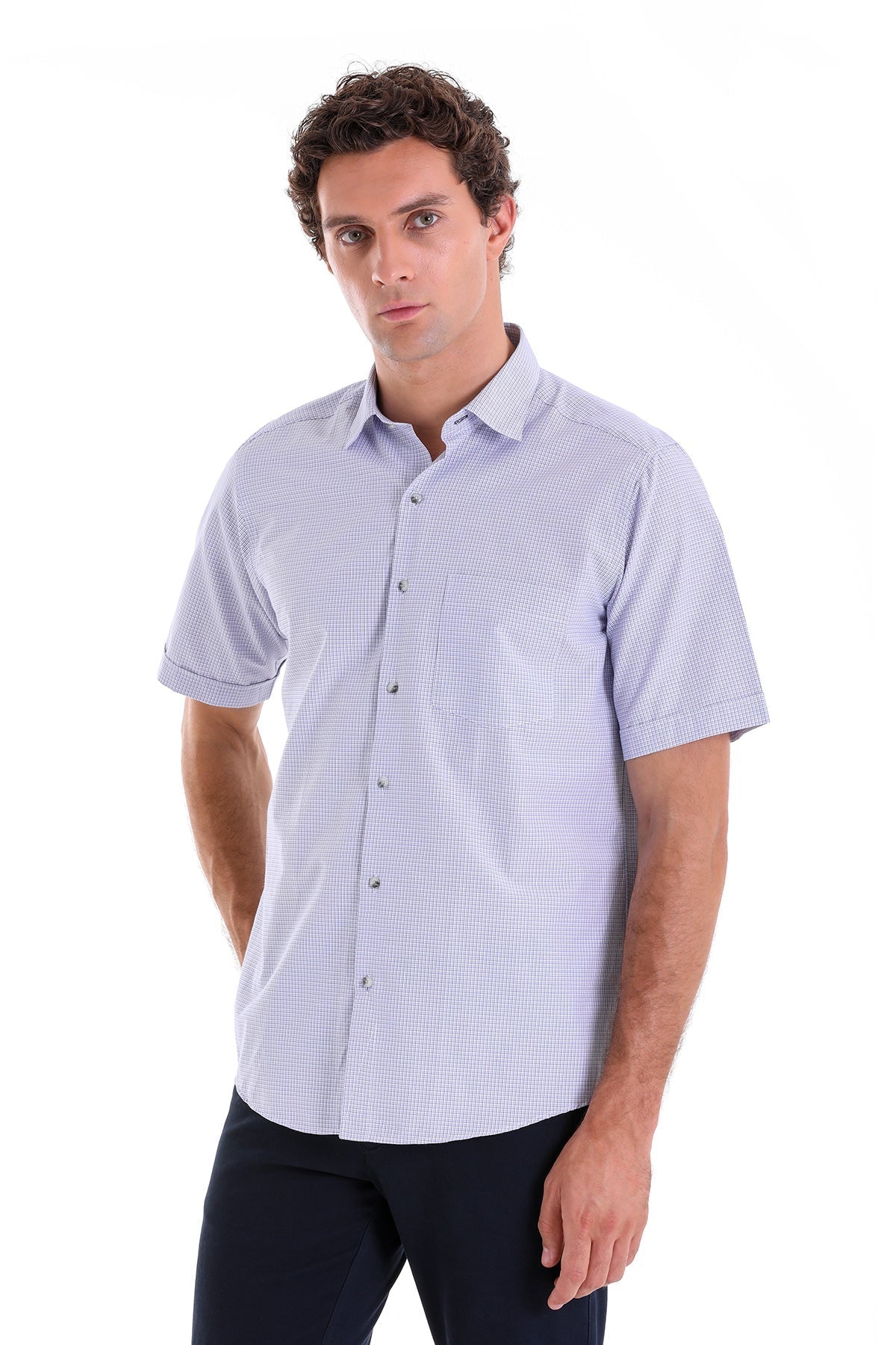 Regular Fit Plaid Cotton Blend Purple Dress Shirt - SAYKI