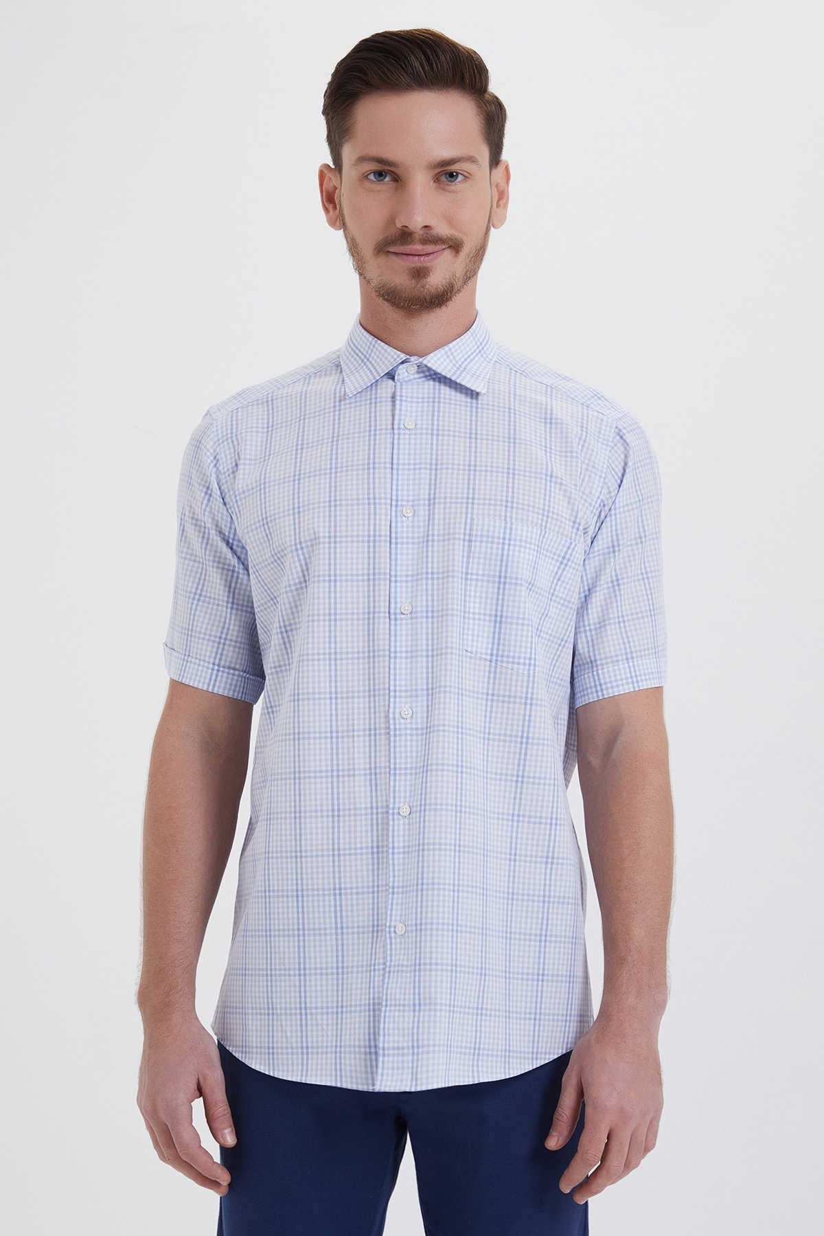 Regular Fit Plaid Cotton Blue Dress Shirt - SAYKI