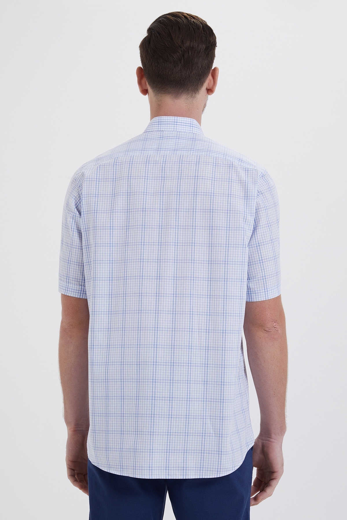 Regular Fit Plaid Cotton Blue Dress Shirt - SAYKI