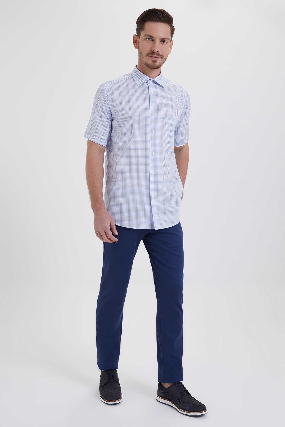 Regular Fit Plaid Cotton Blue Dress Shirt - SAYKI