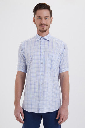 Regular Fit Plaid Cotton Blue Dress Shirt - SAYKI