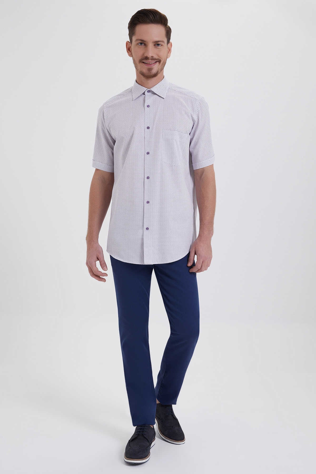 Regular Fit Plaid Cotton Purple Dress Shirt - SAYKI