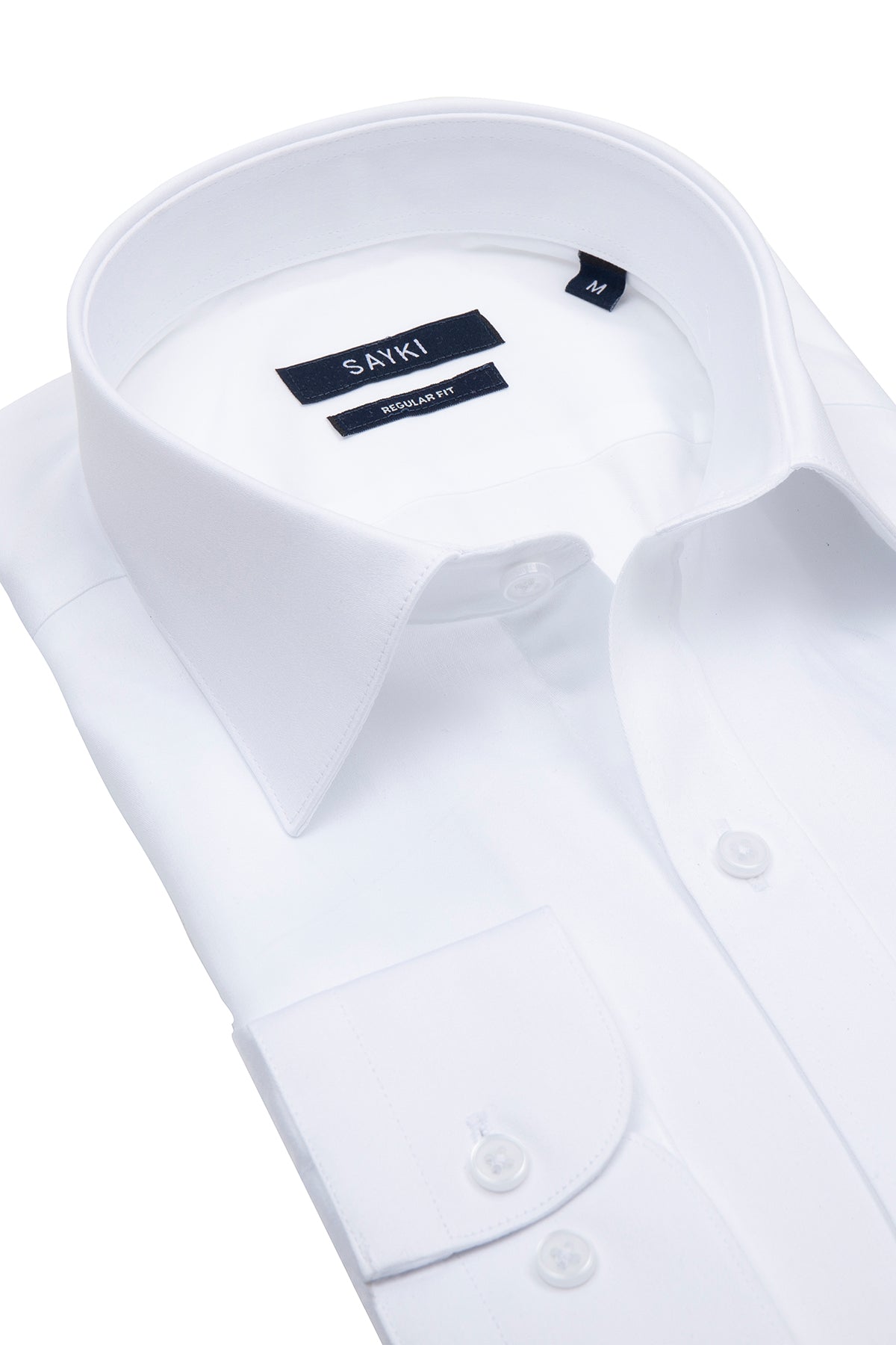 Regular Fit Plain 100% Cotton White Dress Shirt - SAYKI
