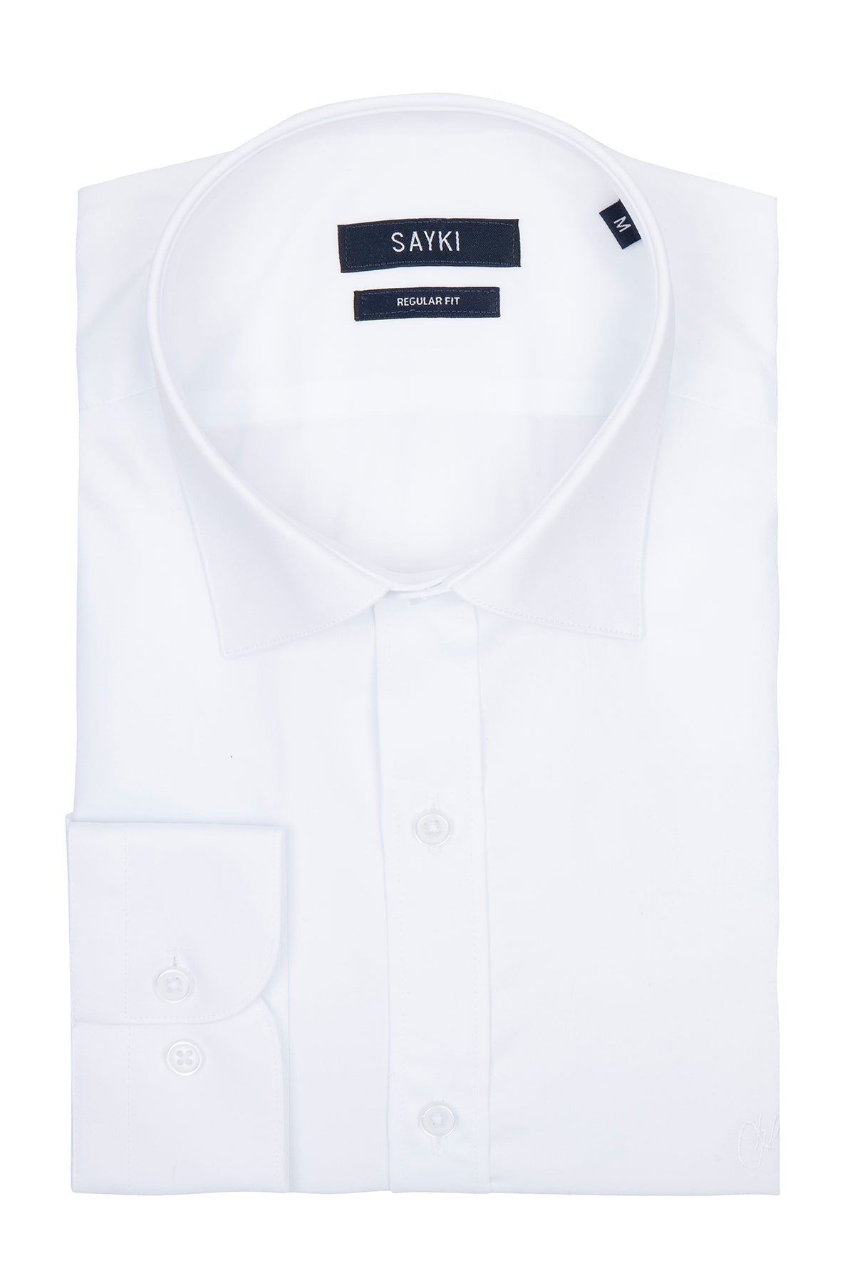Regular Fit Plain 100% Cotton White Dress Shirt - SAYKI