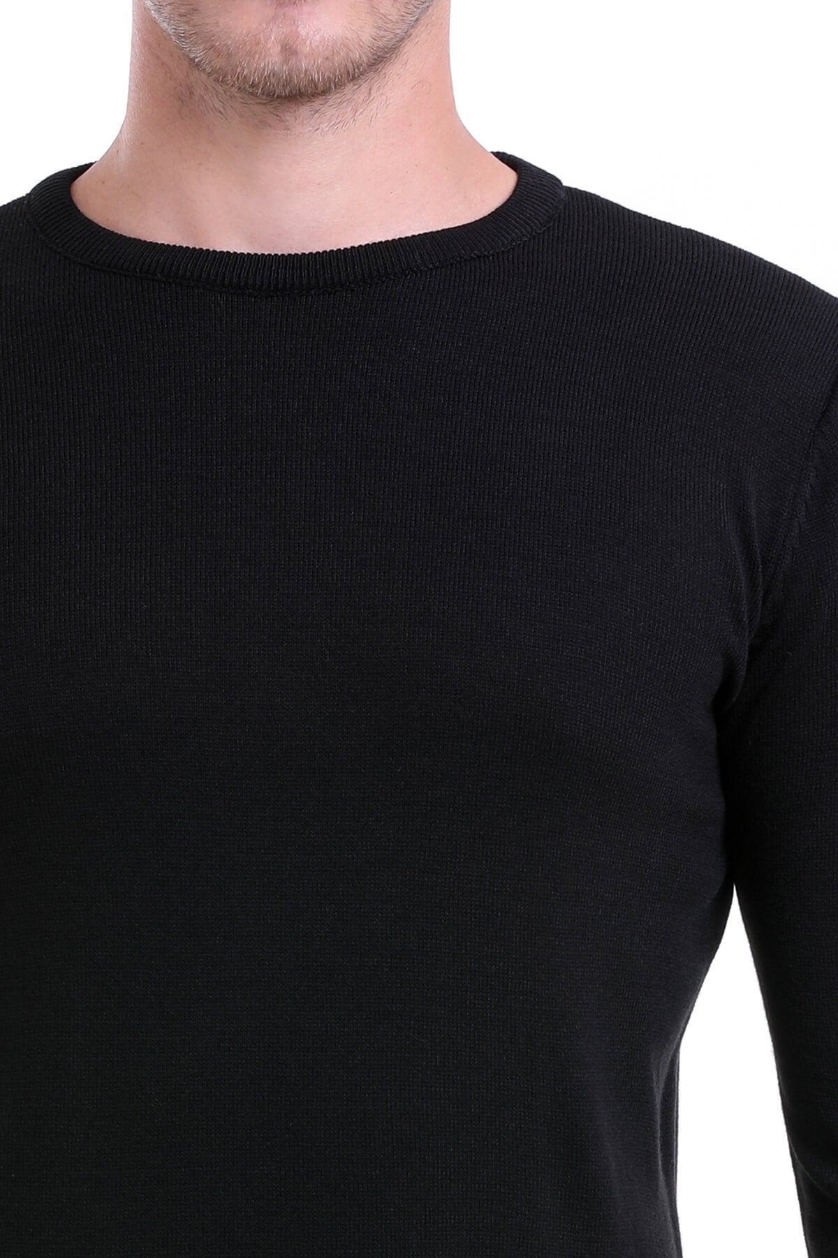 Regular Fit Plain Black Crewneck Sweater - SAYKI