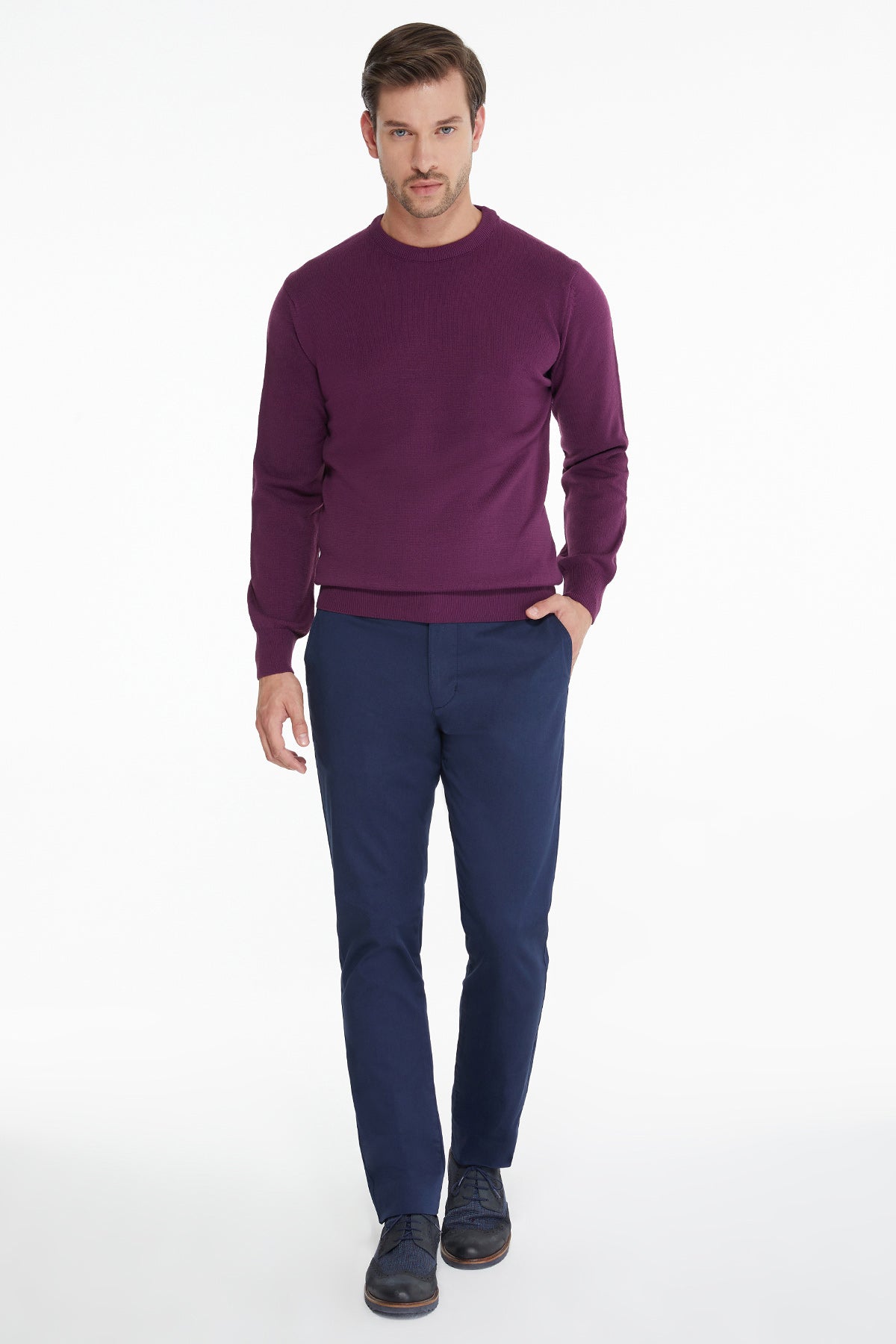 Regular Fit Plum Crewneck Sweater - SAYKI