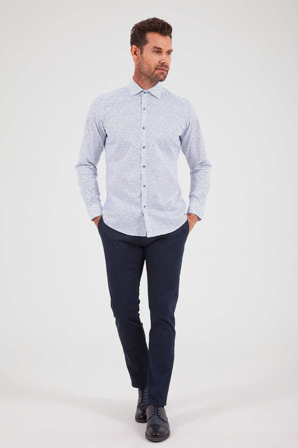 Regular Fit Printed Cotton Blend Blue Casual Shirt - SAYKI