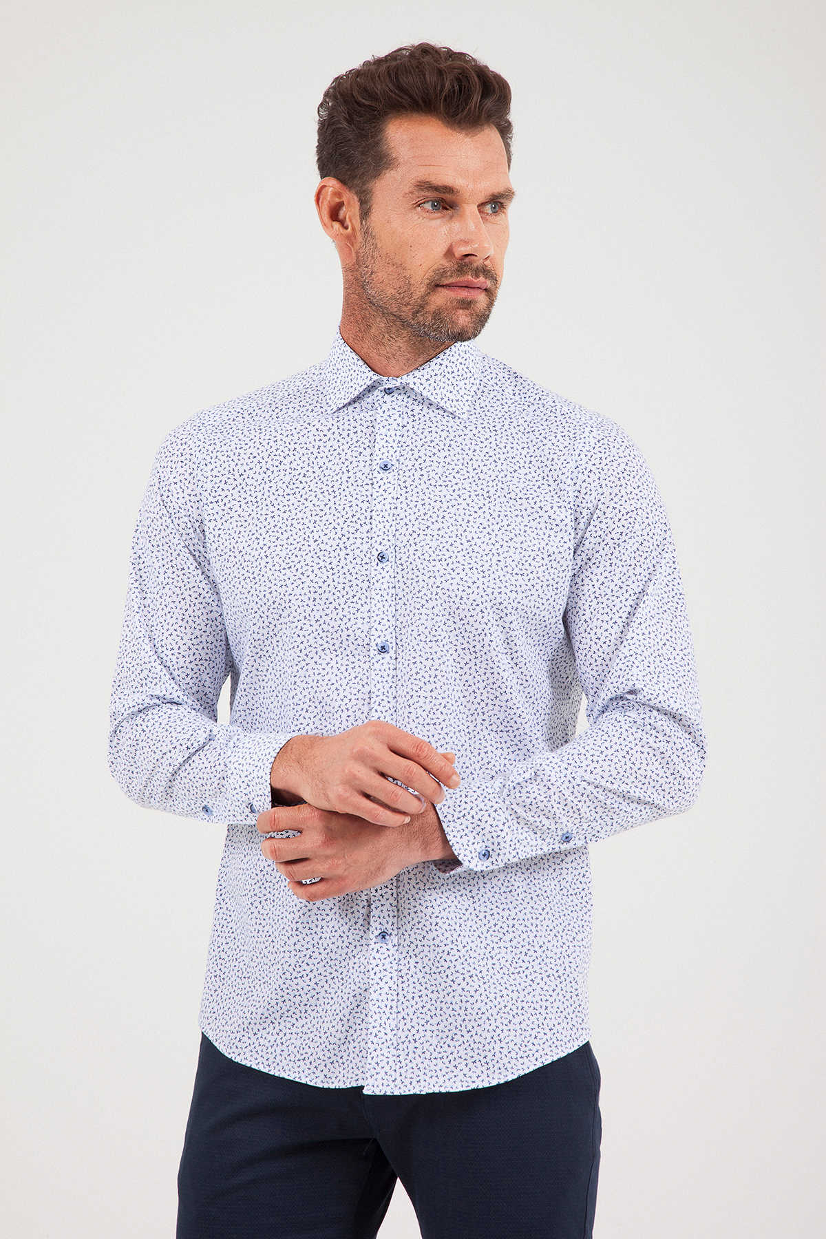 Regular Fit Printed Cotton Blend Blue Casual Shirt - SAYKI