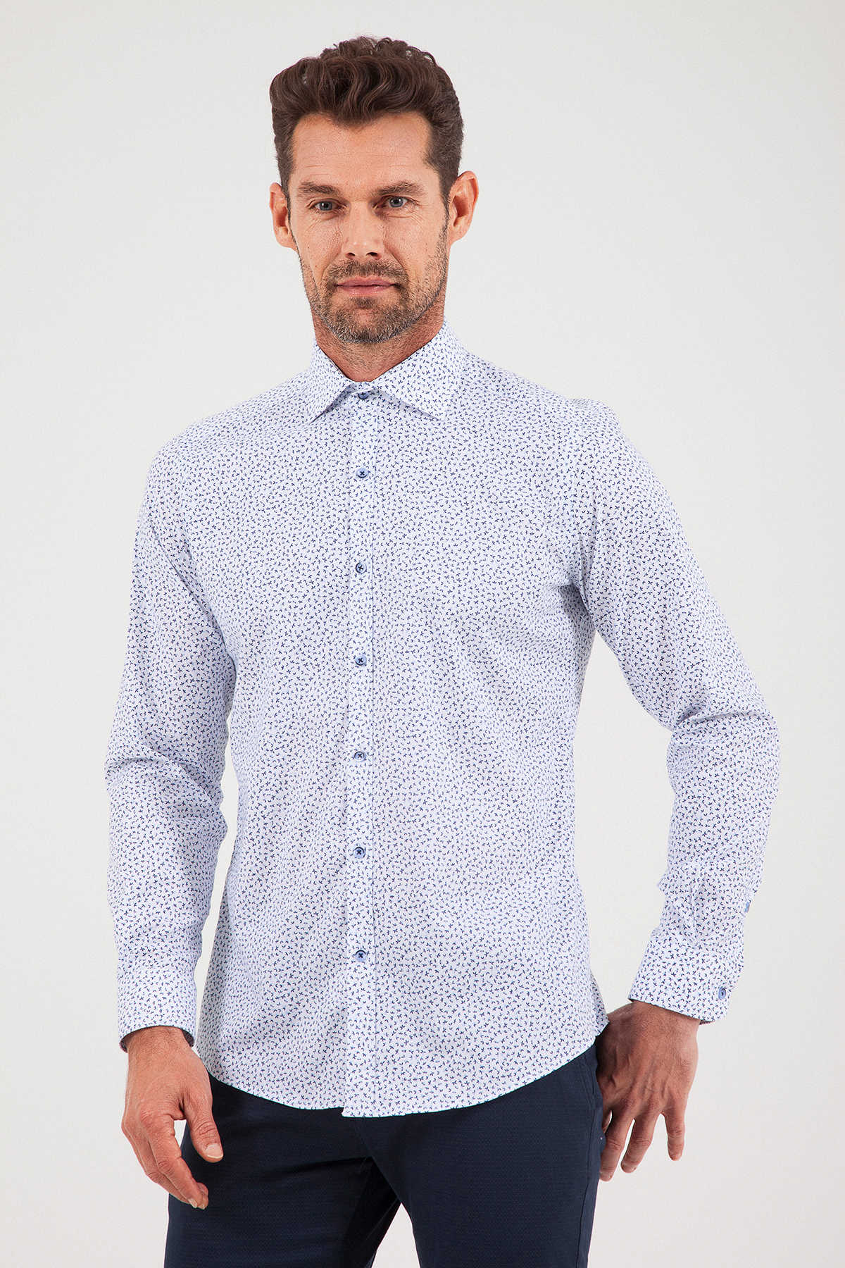 Regular Fit Printed Cotton Blend Blue Casual Shirt - SAYKI