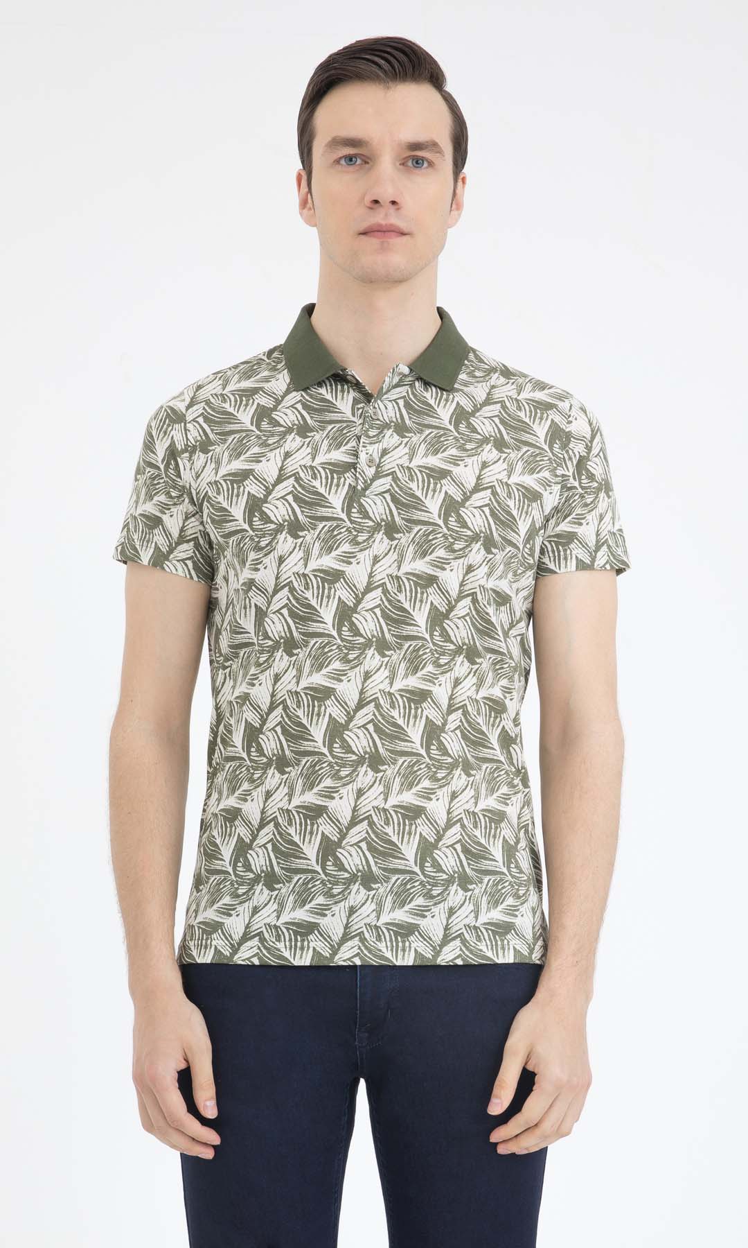 Regular Fit Printed Cotton Blend Khaki Polo T-Shirt - SAYKI