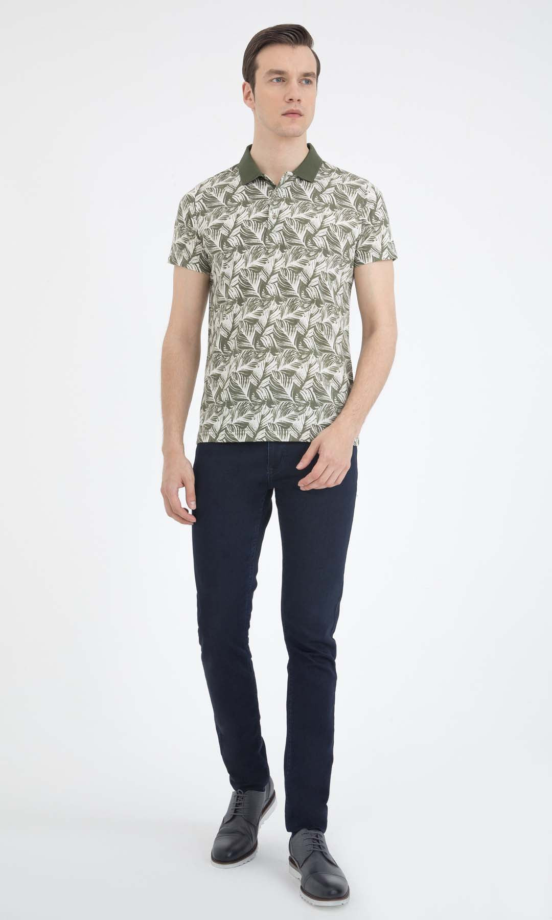 Regular Fit Printed Cotton Blend Khaki Polo T-Shirt - SAYKI