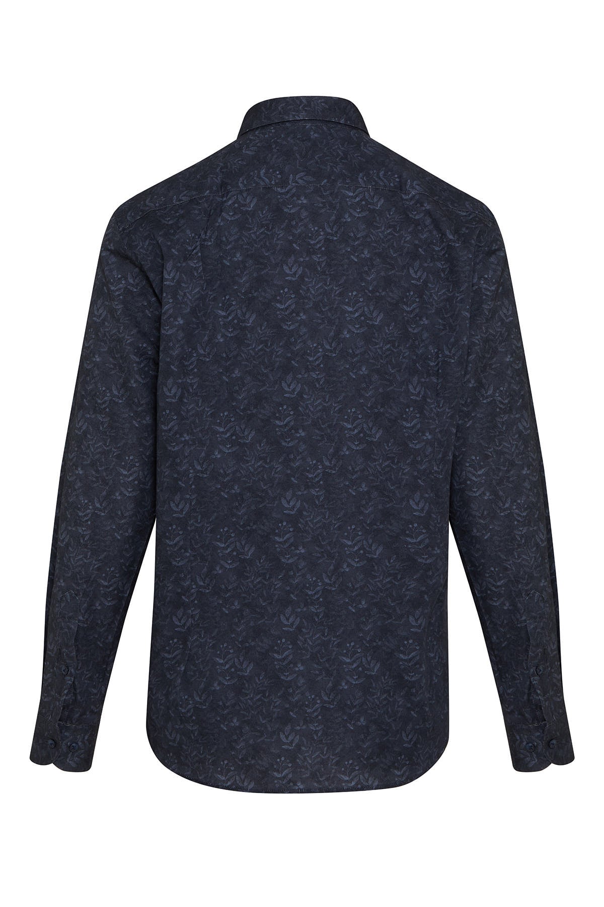 Dark blue patterned men’s dress shirt with subtle floral design.