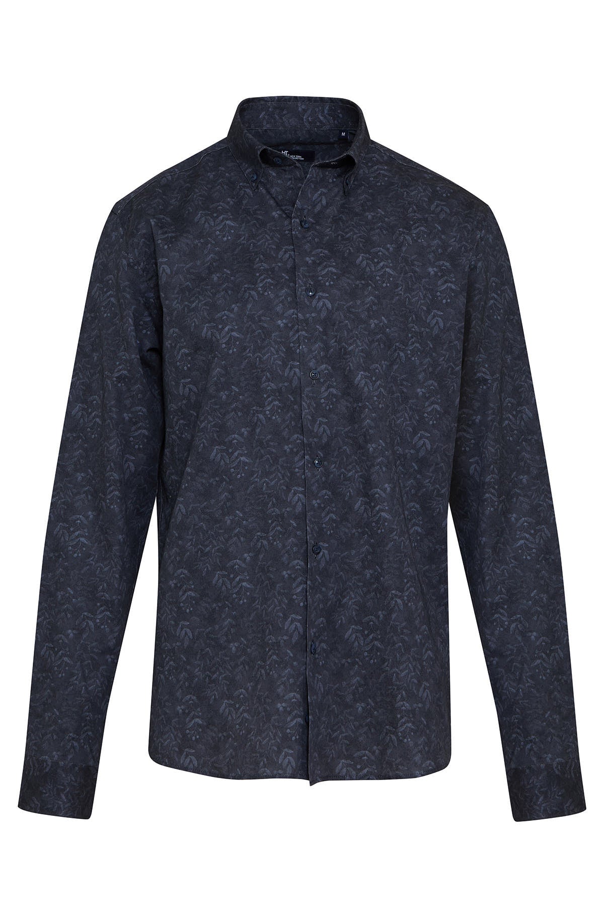Dark navy button-down shirt with a subtle, repeating leaf pattern in a slightly lighter shade of blue.