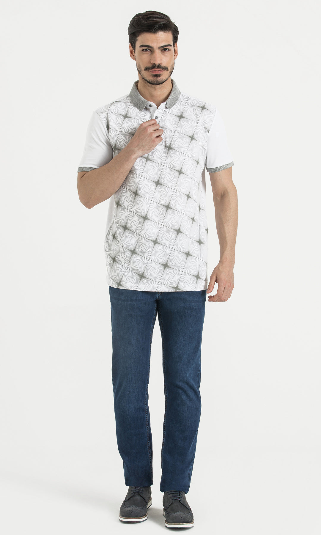 Regular Fit Printed Cotton White - Gray Polo T-Shirt - SAYKI