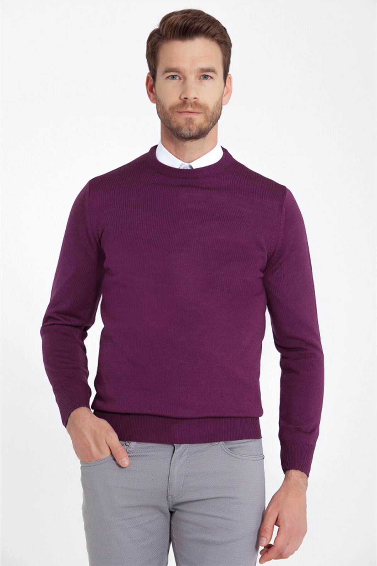 A men’s deep purple crewneck sweater with a ribbed texture and fitted silhouette.