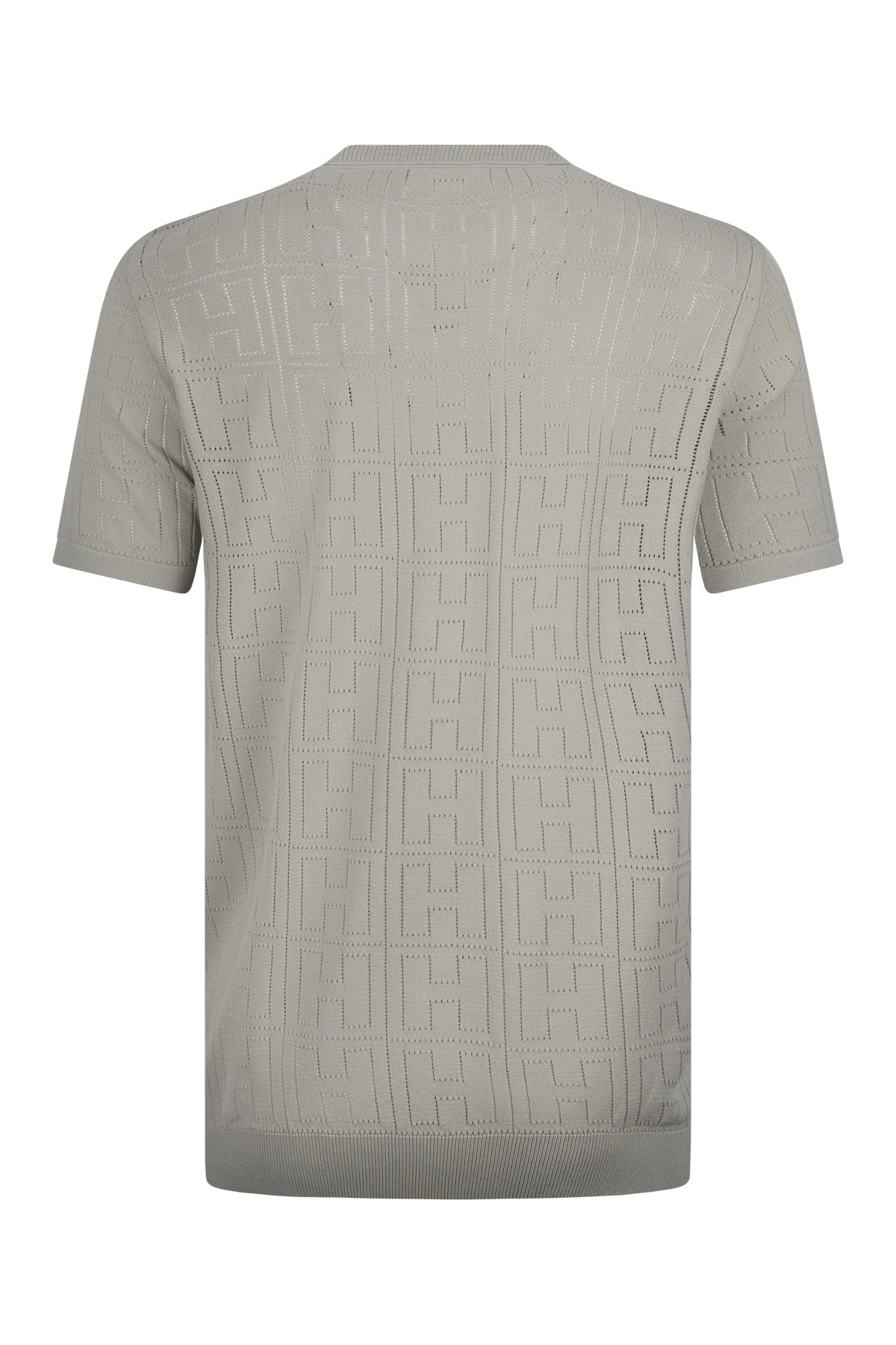 A light gray short-sleeved knit shirt featuring a repeating geometric pattern.