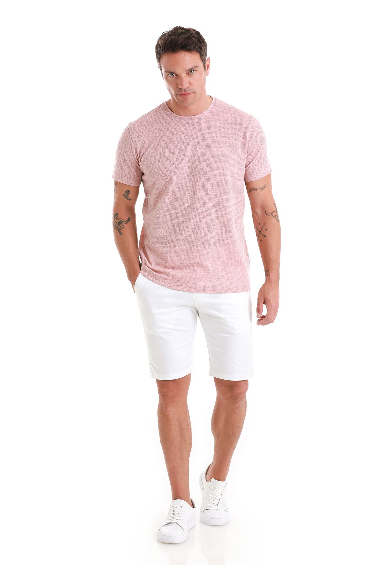 Regular Fit Salmon Jacquard Cotton-Linen Blend Crewneck