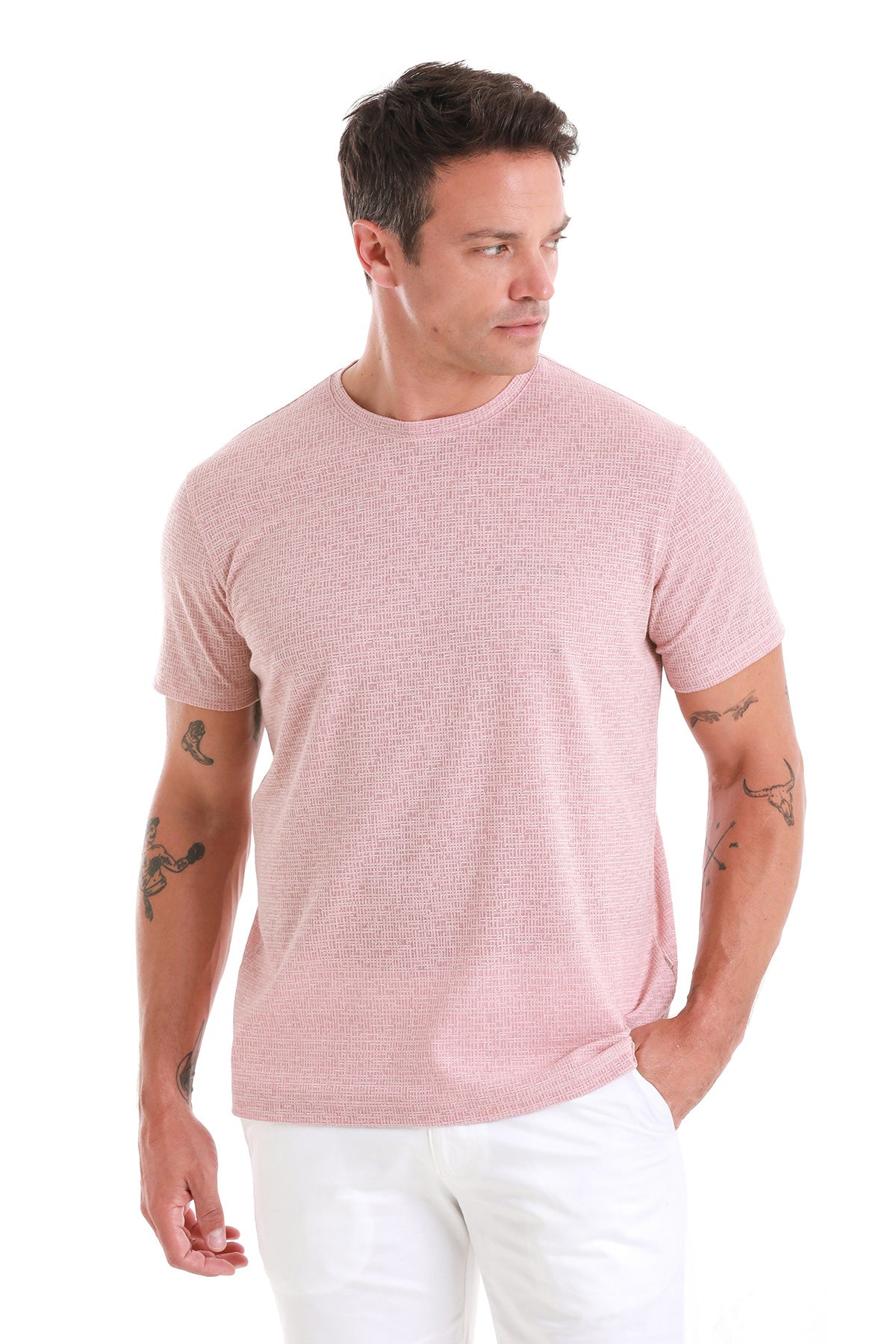 Regular Fit Salmon Jacquard Cotton-Linen Blend Crewneck