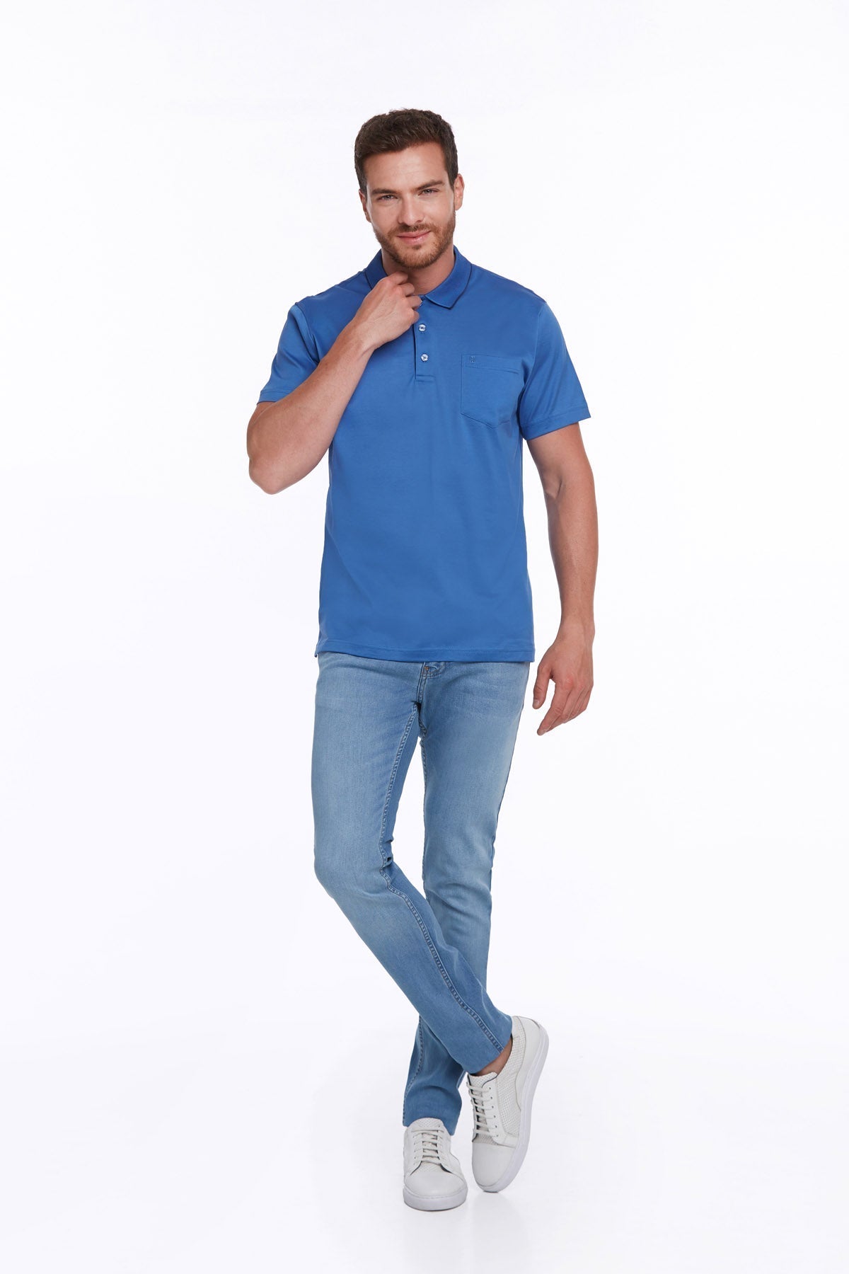 Regular Fit Sax Blue Basic Cotton Polo T-Shirt - SAYKI