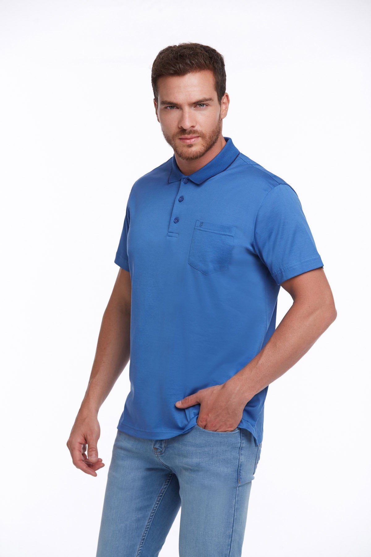 Regular Fit Sax Blue Basic Cotton Polo T-Shirt - SAYKI